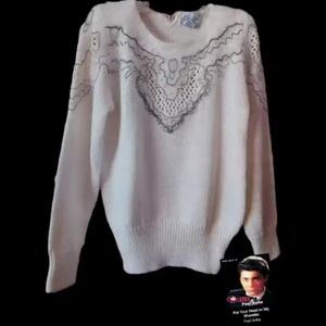 Vtg Christine cream pullover sweater S beaded Angora pearls 80s holiday party